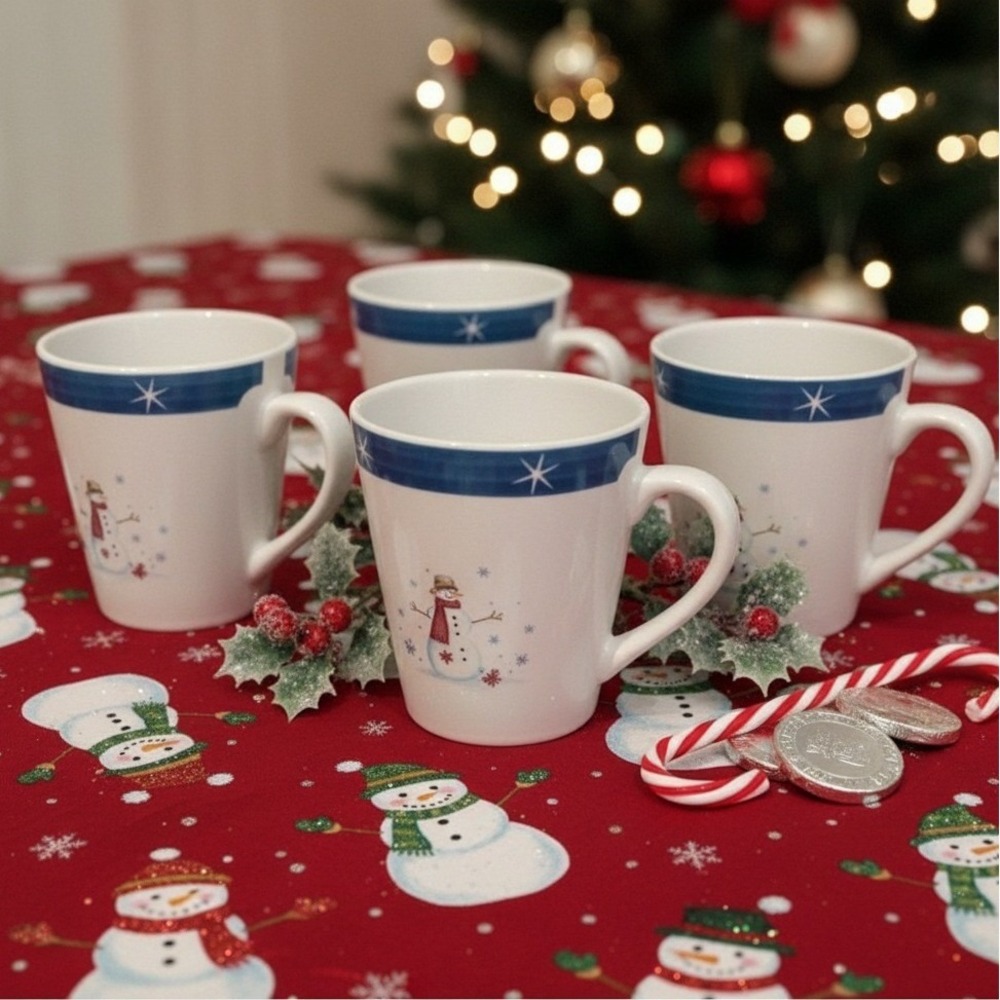 Holiday Home Snowman Coffee Cups, Set of 4, Vintage Christmas Ceramic Drinkware